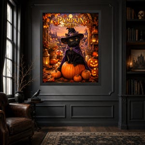 May include: A framed wall art print titled Pumpkin Spell featuring a black cat wearing a purple witch hat and cape, sitting atop a large orange pumpkin. The scene includes smaller jack-o'-lanterns, autumn foliage, and lanterns in a warm, glowing, magical outdoor setting.