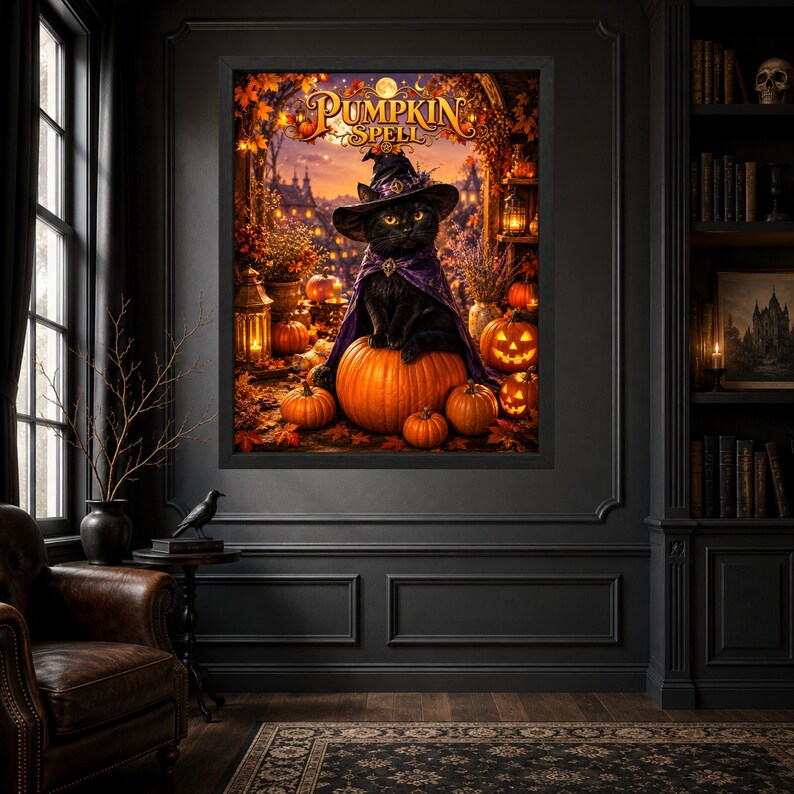 May include: A framed wall art print titled Pumpkin Spell featuring a black cat wearing a purple witch hat and cape, sitting atop a large orange pumpkin. The scene includes smaller jack-o'-lanterns, autumn foliage, and lanterns in a warm, glowing, magical outdoor setting.