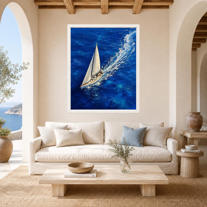 May include: A framed wall art print featuring an aerial view of a white sailboat with a single mast navigating through deep blue ocean waters, creating a white wake behind the vessel as it moves across the surface of the sea.