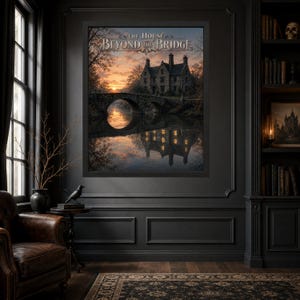 Peut inclure: Une impression d'art encadr&eacute;e intitul&eacute;e The House Beyond the Bridge, repr&eacute;sentant un manoir en pierre et un pont en arc au-dessus d'une rivi&egrave;re calme au coucher du soleil. La sc&egrave;ne pr&eacute;sente des tons orange et violet, des arbres et des reflets.