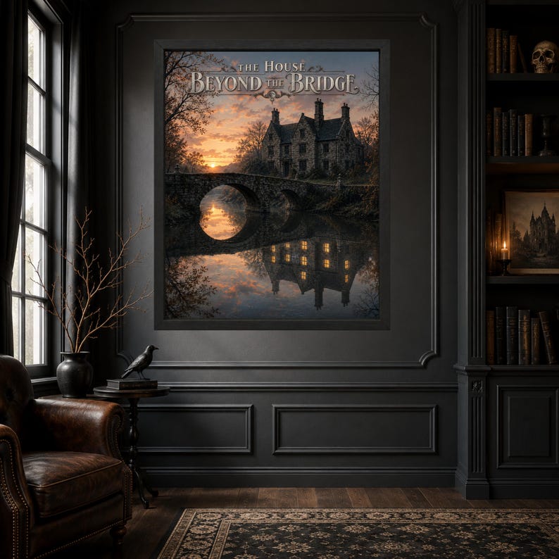 Peut inclure: Une impression d'art encadr&eacute;e intitul&eacute;e The House Beyond the Bridge, repr&eacute;sentant un manoir en pierre et un pont en arc au-dessus d'une rivi&egrave;re calme au coucher du soleil. La sc&egrave;ne pr&eacute;sente des tons orange et violet, des arbres et des reflets.