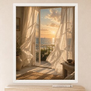 Mediterranean Window Art, Sheer Curtains, Sunset Sailboat (Digital Download) image 2
