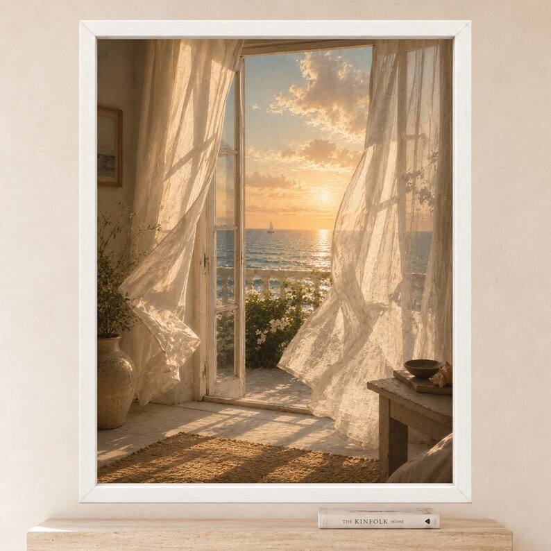 Mediterranean Window Art, Sheer Curtains, Sunset Sailboat (Digital Download) image 2