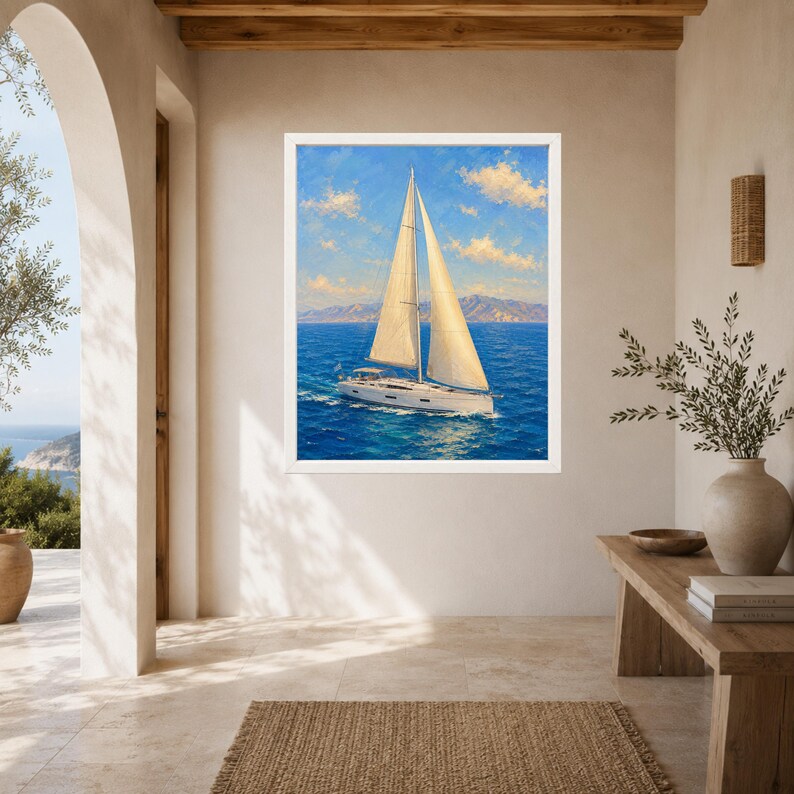 May include: A framed wall art print featuring an oil painting of a white sailboat with two sails navigating deep blue ocean waters under a bright sky with scattered clouds and distant mountains visible on the horizon line in the background.