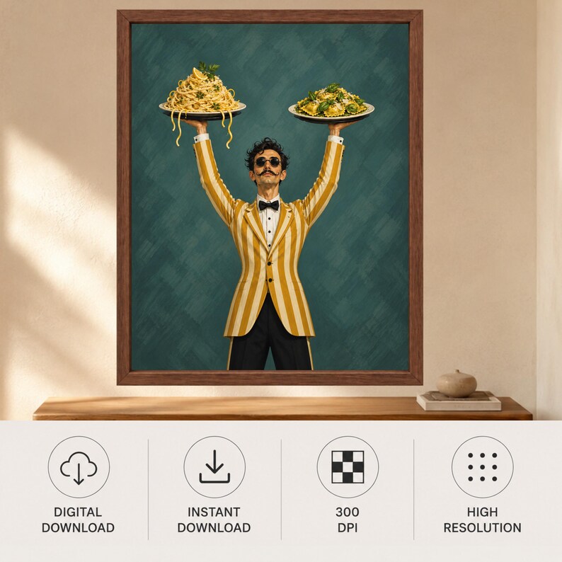 Italian Waiter Pasta Print, Spaghetti Ravioli Poster, Kitchen Decor (Digital Download) image 10