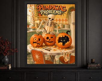 Funny Skeleton Pumpkin Carving Print, Retro Kitchen Halloween Art (Digital Download)