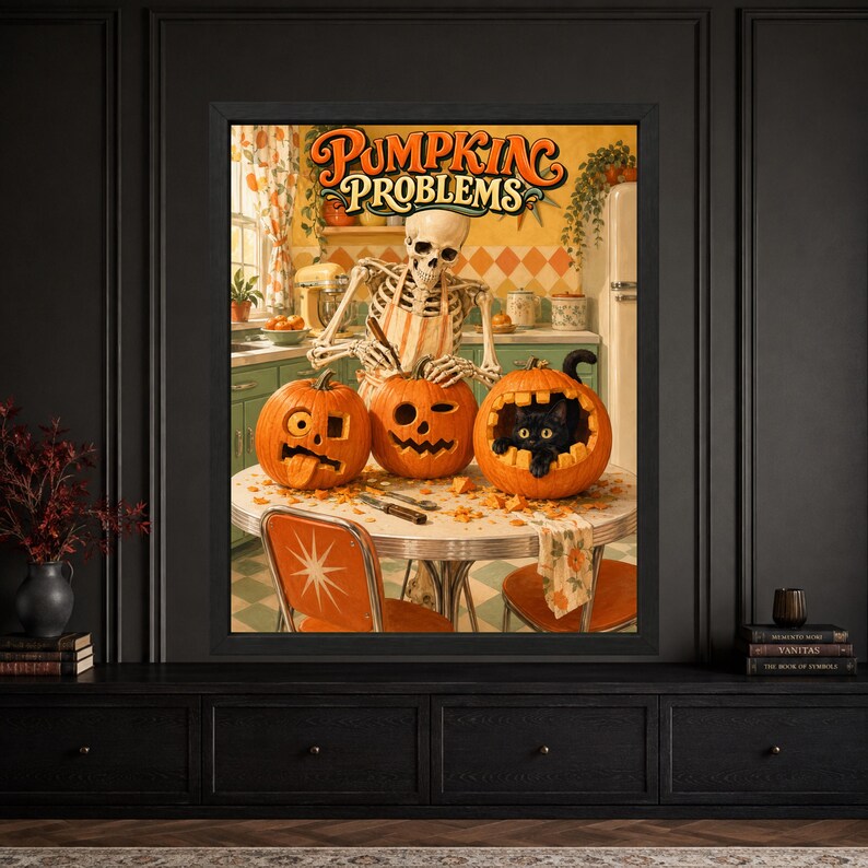 May include: A framed wall art print titled PUMPKIN PROBLEMS featuring a skeleton wearing an apron carving three orange pumpkins on a round table. One pumpkin has a black cat peeking out from inside, while another has a tongue sticking out.