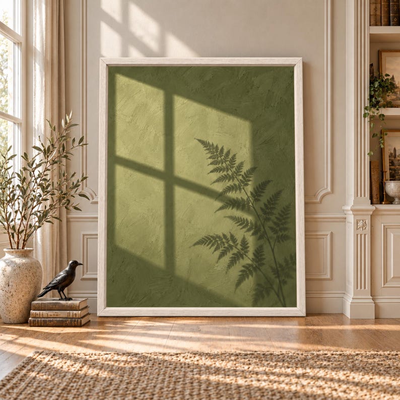 Framed sage green botanical wall art showing a delicate fern silhouette beneath a large window shadow across a textured olive green wall in warm natural sunlight.
