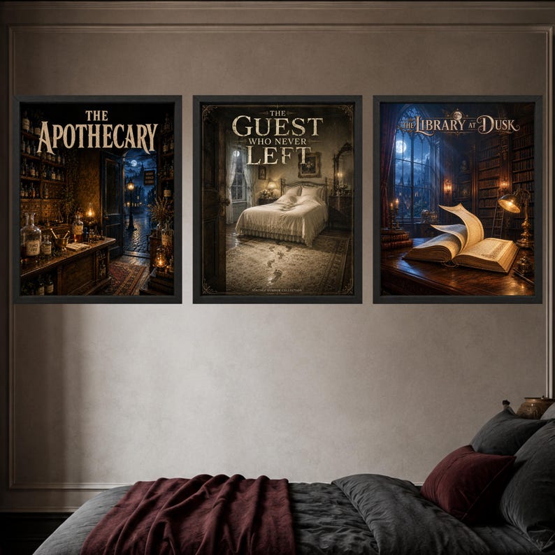 May include: Three framed wall art prints featuring dark, atmospheric scenes. The left print shows an apothecary shop with the text THE APOTHECARY. The center print depicts a bedroom with the text THE GUEST WHO NEVER LEFT. The right print shows a library with the text THE LIBRARY AT DUSK.