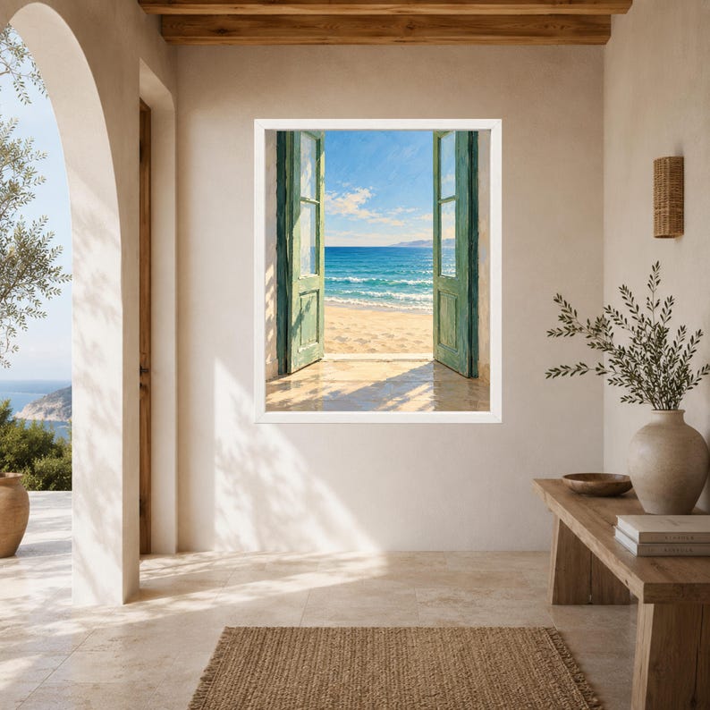 Open Door Sea View Print, Mediterranean Coastal Art, Green Door Beach Decor (Digital Download) image 6