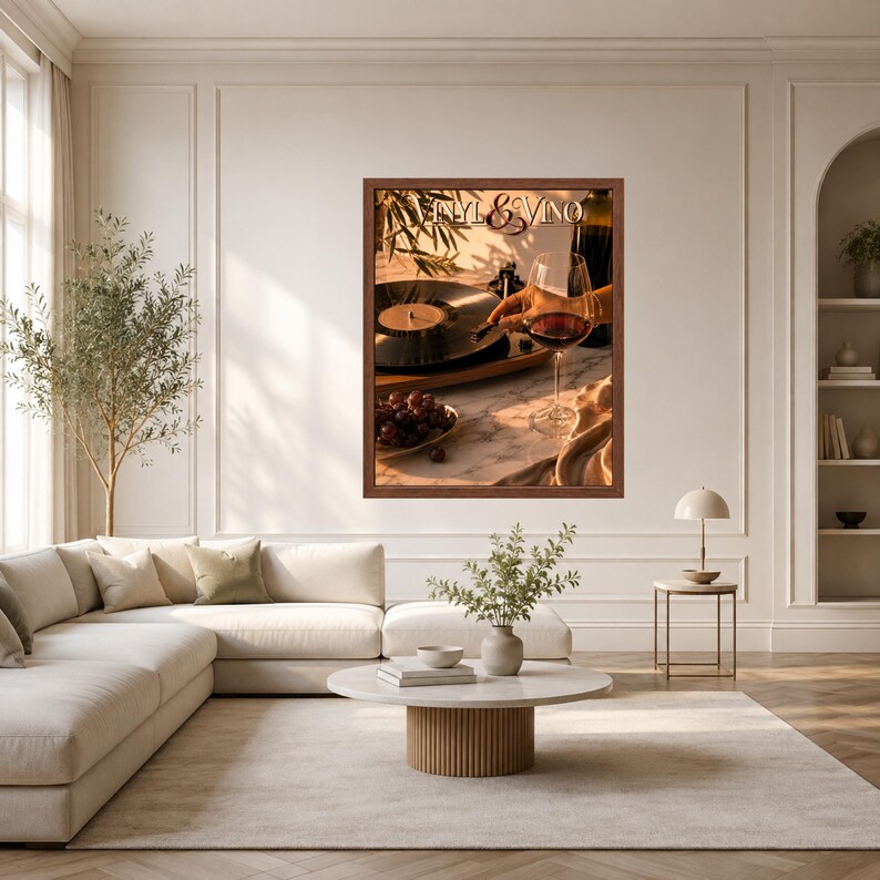 May include: A framed wall art print titled VINYL & VINO featuring a black vinyl record on a turntable, a glass of red wine, and a small bowl of dark grapes. The scene is illuminated by warm, golden sunlight, creating soft shadows on the surface.