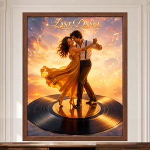 May include: A framed wall art print titled Last Dance featuring a couple dancing on a large vinyl record against a sunset sky. The person on the left wears a flowing yellow dress, and the person on the right wears a white shirt and dark trousers.