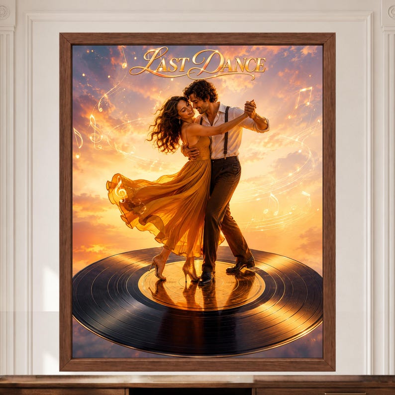 May include: A framed wall art print titled Last Dance featuring a couple dancing on a large vinyl record against a sunset sky. The person on the left wears a flowing yellow dress, and the person on the right wears a white shirt and dark trousers.
