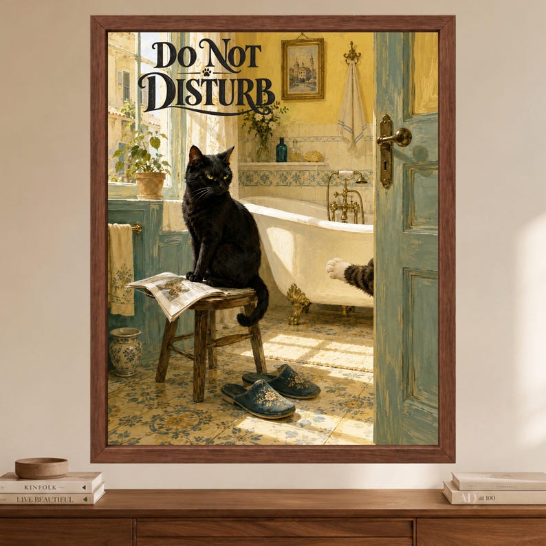May include: A framed wall art print featuring a black cat sitting on a wooden stool in a bathroom, with the text DO NOT DISTURB printed at the top. The scene includes a clawfoot bathtub, blue-painted door, patterned floor tiles, and slippers.