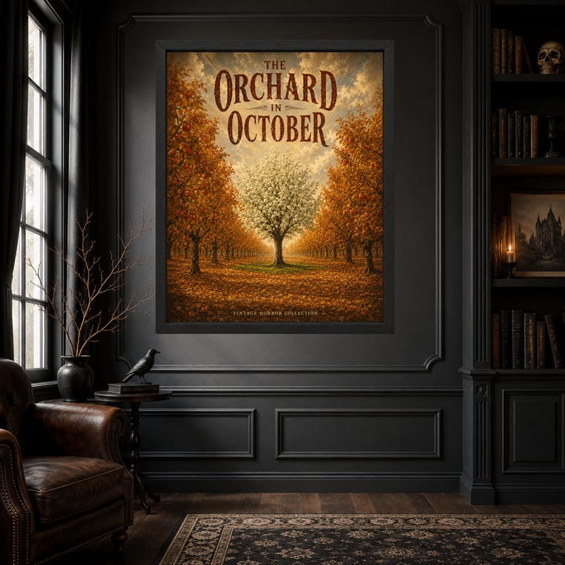 May include: A framed rectangular wall art print titled The Orchard in October, featuring a central white tree surrounded by rows of orange and brown autumn trees under a cloudy sky, with the text Vintage Horror Collection at the bottom.