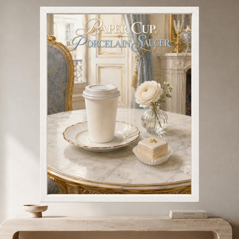 May include: A framed wall art print titled Paper Cup, Porcelain Saucer featuring a white disposable cup on a scalloped porcelain saucer, a small square cake in a paper liner, and a white ranunculus flower in a glass vase on a marble table.