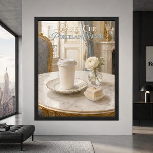 Framed quirky coffee wall art showing a plain white paper takeaway cup placed on an ornate porcelain saucer beside a small pastry and flower on an elegant marble cafe table.