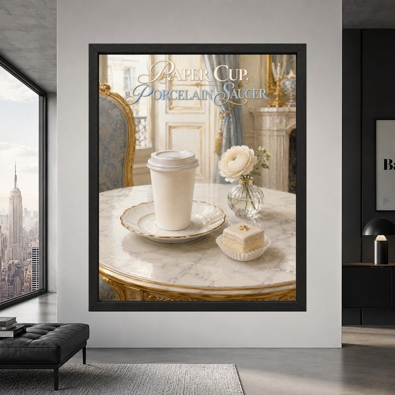 Framed quirky coffee wall art showing a plain white paper takeaway cup placed on an ornate porcelain saucer beside a small pastry and flower on an elegant marble cafe table.