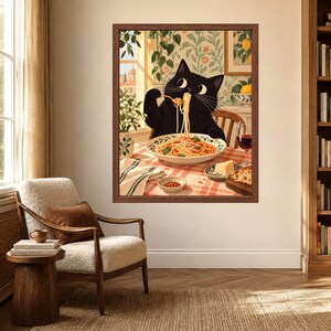 Black Cat Spaghetti Print, Italian Kitchen Art, Pasta Lover Poster (Digital Download) image 3