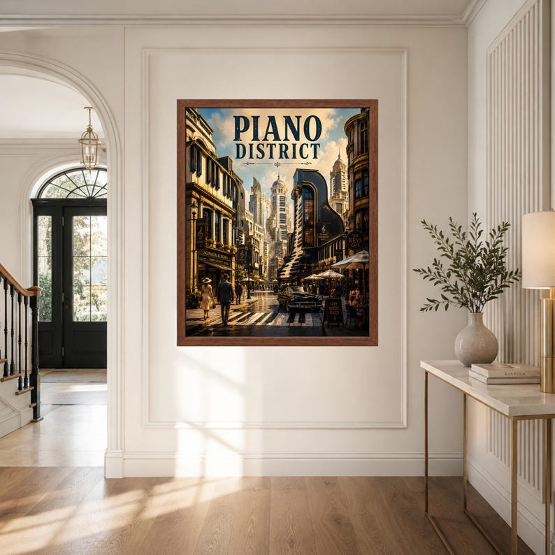 May include: A framed wall art print titled PIANO DISTRICT featuring a city street scene with buildings, pedestrians, a vintage car, and piano key patterns on the road, all rendered in a warm, golden-toned artistic style with dark brown frame.