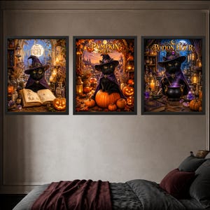 May include: A set of three framed wall art prints featuring black cats in witch hats. The first print shows a cat with an open book and the text Witch Cat. The second shows a cat on a pumpkin with the text Pumpkin Spell. The third shows a cat with a cauldron and the text Potion Hour.