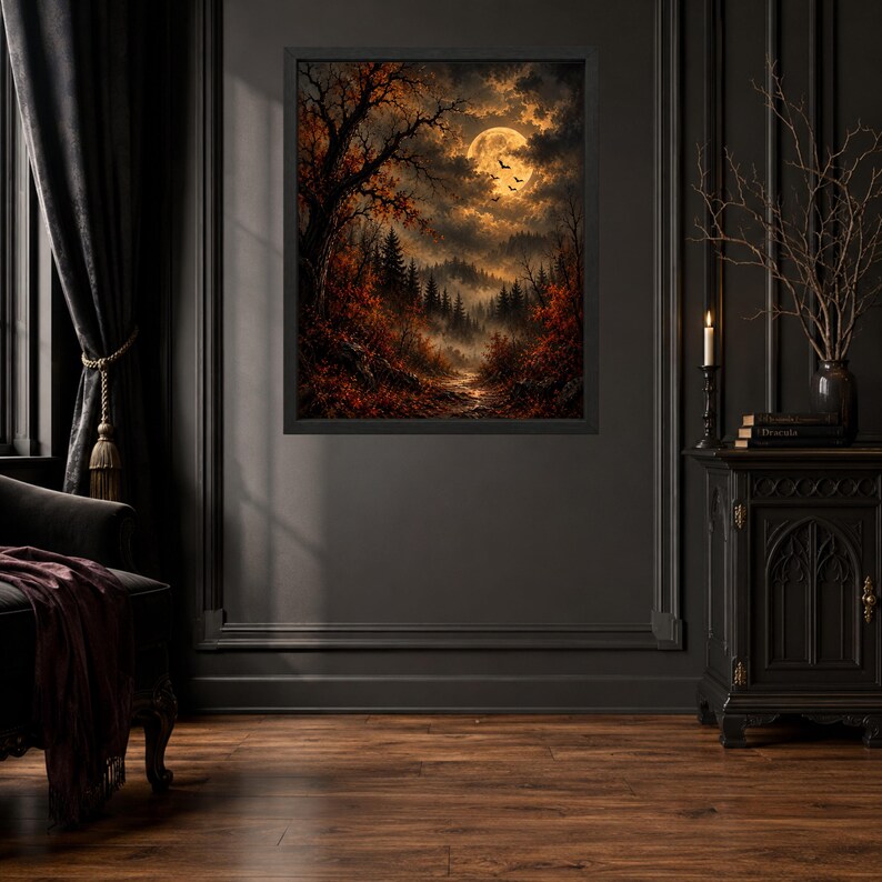Cuadro decorativo de bosque con luna llena, paisaje otoñal gótico, lámina de murciélago espeluznante de Halloween, descarga digital. imagen 8