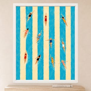 May include: A framed art print featuring an aerial view of swimmers in colorful swimsuits moving through vertical blue and cream stripes. The swimmers are depicted in various poses, including swimming and floating, against a textured background.