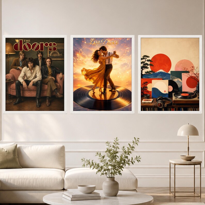 May include: Three framed wall art prints. The left print shows the band The Doors sitting on a sofa. The center print depicts a couple dancing on a vinyl record against a sunset. The right print features a stylized landscape with a red sun.