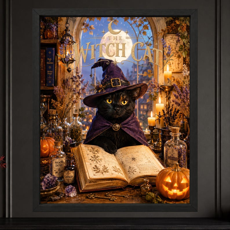May include: A framed wall art print titled The Witch Cat featuring a black cat wearing a purple witch hat and cape, reading an open book. The scene includes glass apothecary bottles, dried lavender, lit candles, and a jack-o'-lantern pumpkin.