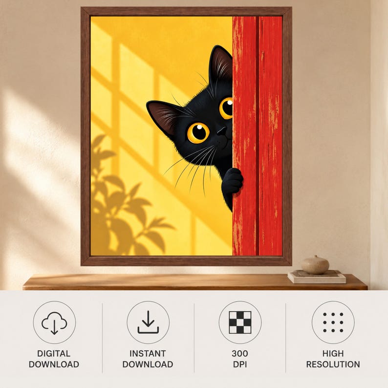 May include: A framed wall art print featuring a black cat with large yellow eyes peeking from behind a distressed red wooden door. The background is a bright yellow wall with a shadow of a plant cast across it, all enclosed in a brown frame.