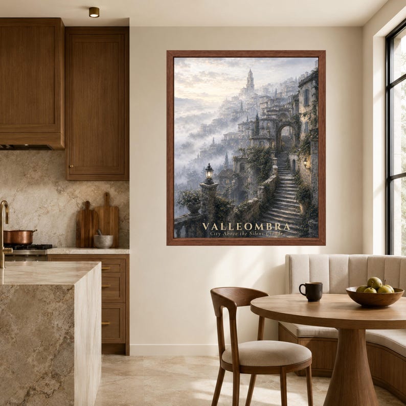 May include: A framed wall art print titled VALLEOMBRA City Above the Silent Clouds, depicting a stone staircase leading up to a hillside village shrouded in mist, with warm light from a lantern illuminating the path and stone architecture.