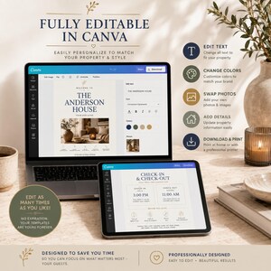 May include: A laptop and a tablet displaying Canva templates for a property stay guide. The screens show text including THE ANDERSON HOUSE and CHECK-IN & CHECK-OUT. Icons and text on the right explain features like edit text, change colours, swap photos, add details, and download & print.