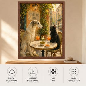 May include: A framed wall art print depicting a white Borzoi dog and a black cat sitting on wicker chairs at a round table. On the table are two glasses of orange Aperol spritz, a small bowl of green olives, and a plate of orange slices.