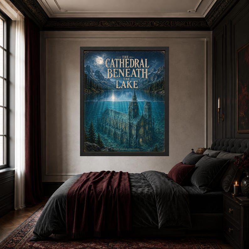 May include: A framed wall art print titled The Cathedral Beneath The Lake, featuring a dark blue underwater scene of a gothic cathedral submerged in a lake, with mountains in the background, a full moon, and pine trees along the shoreline.