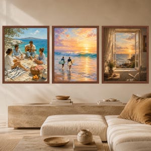 May include: A set of three framed wall art prints featuring coastal scenes. The left print shows people on a beach with a guitar, the center print depicts surfers at sunset, and the right print shows an open window view of a sunset over the ocean.