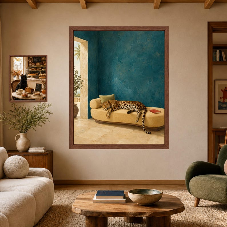 May include: A large framed wall art print featuring a leopard resting on a yellow chaise lounge in a room with teal textured walls and stone flooring. A smaller framed print shows a black cat sitting at a table with food in a bakery setting.