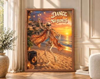 Dancing Skeleton Beach Party Print, Retro Summer Humor Art (Digital Download)