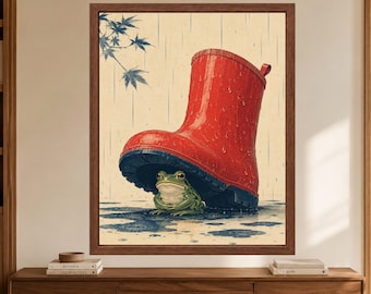 Japanese Woodblock Frog Under Red Boot Print, Whimsical Animal Art (Digital Download)