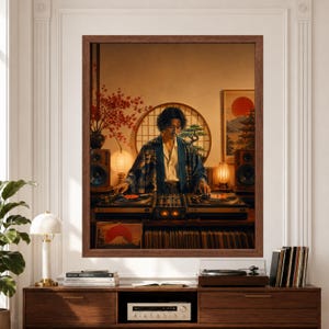 Framed Japanese turntable wall art featuring a vinyl DJ mixing records on two turntables in a warm listening room with vintage speakers, record collection, bonsai tree, shoji-style window, paper lamps and Japanese landscape artwork above a record player console.