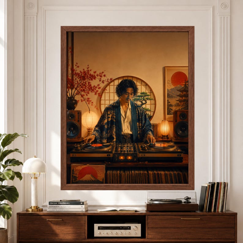 Framed Japanese turntable wall art featuring a vinyl DJ mixing records on two turntables in a warm listening room with vintage speakers, record collection, bonsai tree, shoji-style window, paper lamps and Japanese landscape artwork above a record player console.