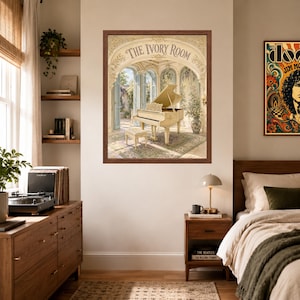 May include: A framed wall art print titled The Ivory Room, depicting a white grand piano and matching bench inside an ornate, sunlit architectural space with arched doorways, lush greenery, and a patterned rug, all rendered in soft, warm tones.