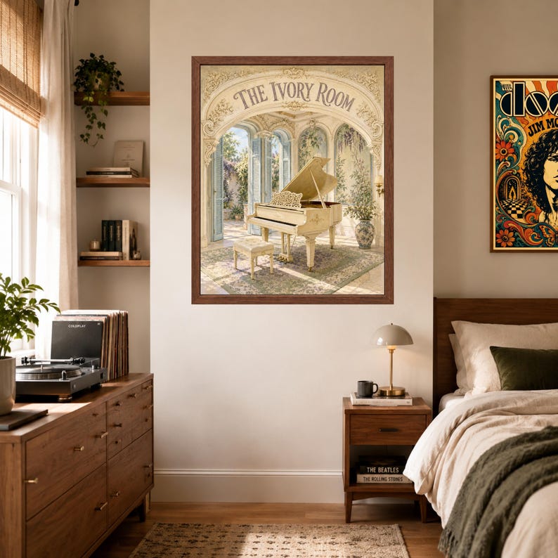 May include: A framed wall art print titled The Ivory Room, depicting a white grand piano and matching bench inside an ornate, sunlit architectural space with arched doorways, lush greenery, and a patterned rug, all rendered in soft, warm tones.
