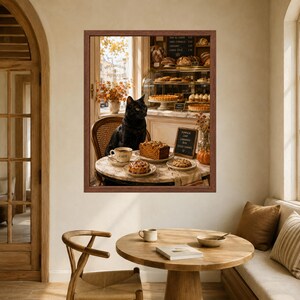 Pode incluir: Uma impress&atilde;o de arte emoldurada retratando um gato preto sentado a uma mesa de caf&eacute; redonda com uma x&iacute;cara de caf&eacute;, uma fatia de bolo e um rolinho de canela. A cena passa-se dentro de uma padaria com prateleiras de doces e um menu.