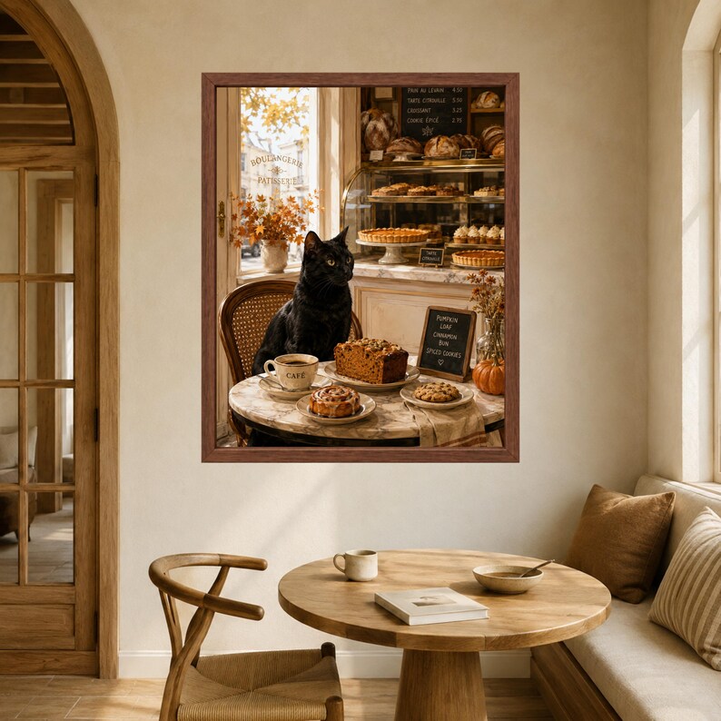 Pode incluir: Uma impress&atilde;o de arte emoldurada retratando um gato preto sentado a uma mesa de caf&eacute; redonda com uma x&iacute;cara de caf&eacute;, uma fatia de bolo e um rolinho de canela. A cena passa-se dentro de uma padaria com prateleiras de doces e um menu.