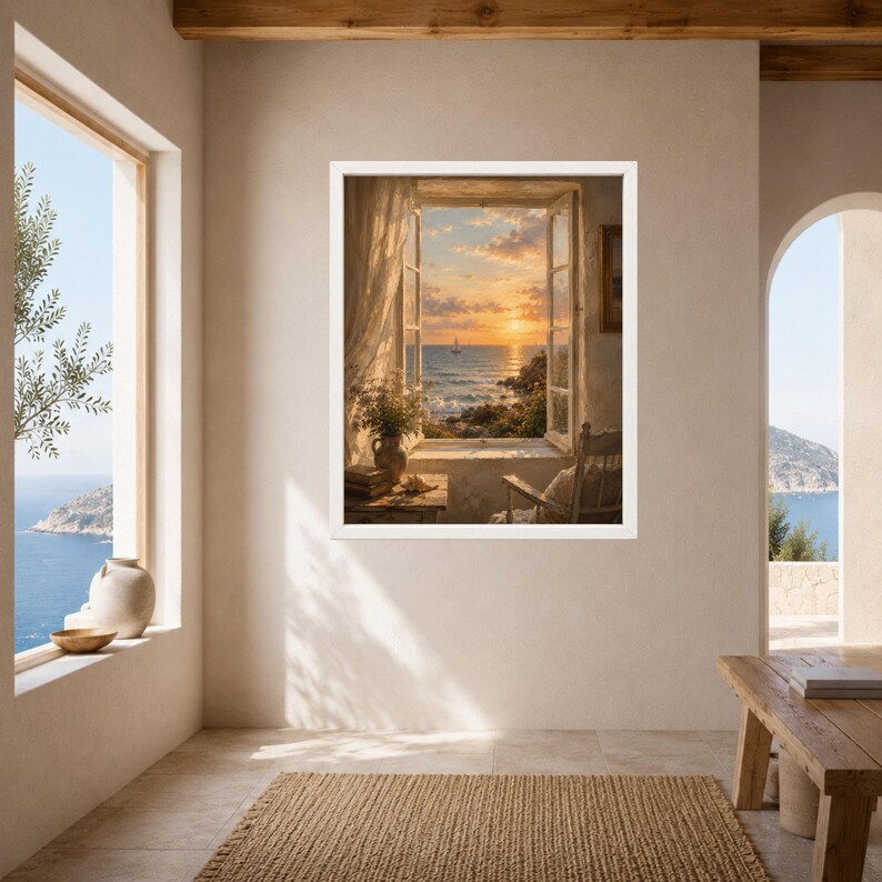 May include: A framed wall art print depicting an open window overlooking a sunset over the ocean. The scene features a wooden chair, a vase with greenery, and books on a ledge. The sky is filled with warm orange and yellow hues over the water.