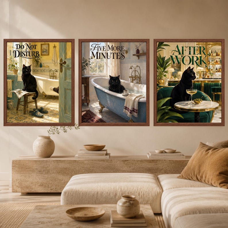 May include: A set of three framed wall art prints featuring black cats. The first print shows a cat on a stool with the text DO NOT DISTURB. The second shows a cat in a blue bathtub with the text FIVE MORE MINUTES. The third shows a cat at a bar with the text AFTER WORK.