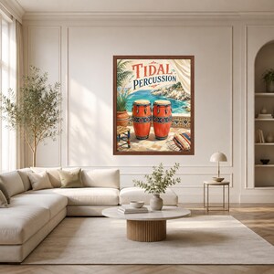 May include: A framed wall art print titled Tidal Percussion featuring two orange conga drums with blue and white geometric patterns, set against a coastal background with a blue sea, rocky cliffs, a potted palm plant, and a striped fabric.