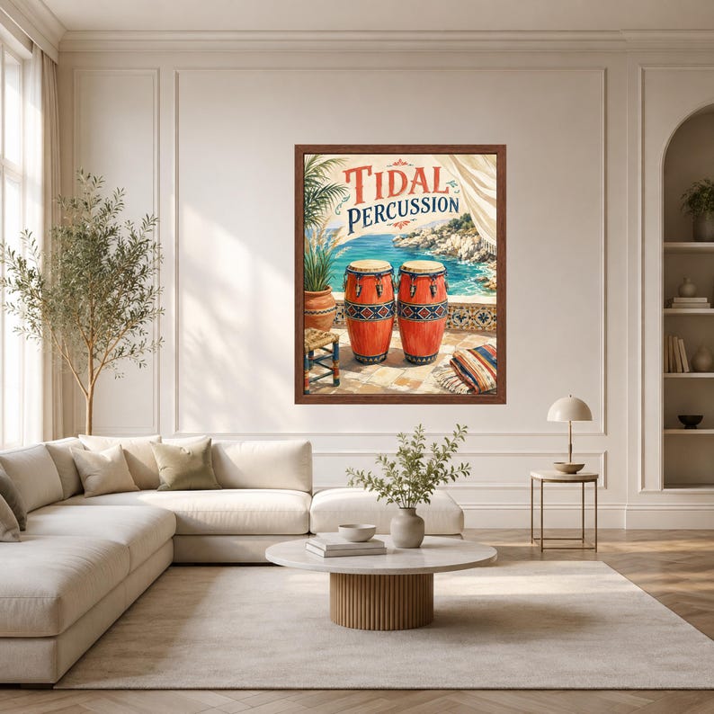 May include: A framed wall art print titled Tidal Percussion featuring two orange conga drums with blue and white geometric patterns, set against a coastal background with a blue sea, rocky cliffs, a potted palm plant, and a striped fabric.