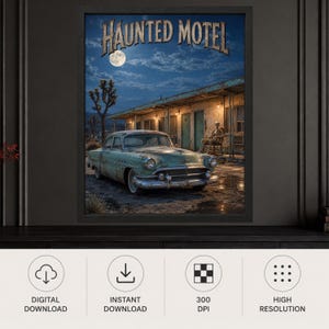 Haunted Motel Halloween Wall Art, Skeleton Roadside Poster, Vintage Horror Decor, Digital Download image 9