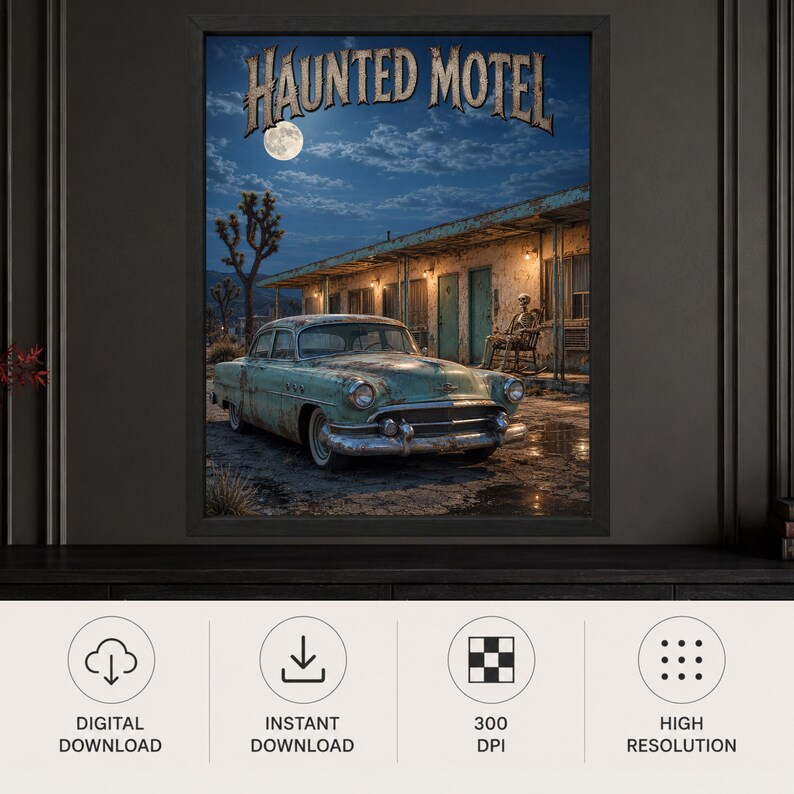 Haunted Motel Halloween Wall Art, Skeleton Roadside Poster, Vintage Horror Decor, Digital Download image 9